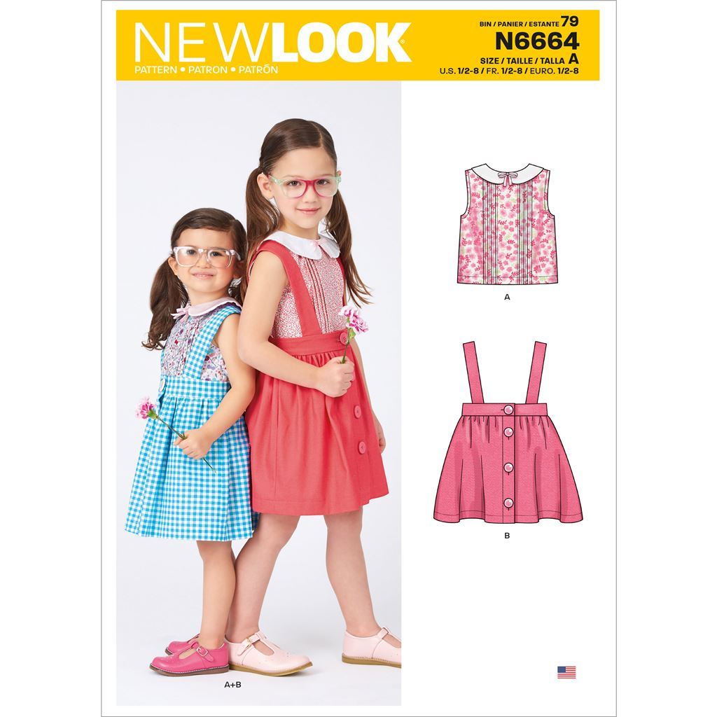 New Look Sewing Pattern N6664 Toddlers and Childrens Skirts With Shoulder Straps and Peter Pan Blouse 6664 Image 1 From Patternsandplains.com
