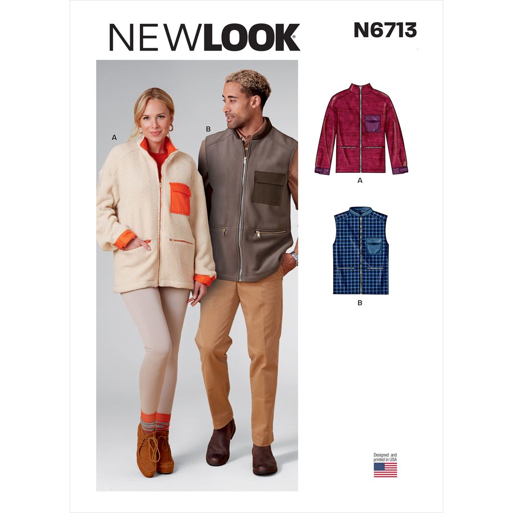 New Look Sewing Pattern N6713 Unisex Zippered Jacket and Vest 6713 Image 1 From Patternsandplains.com