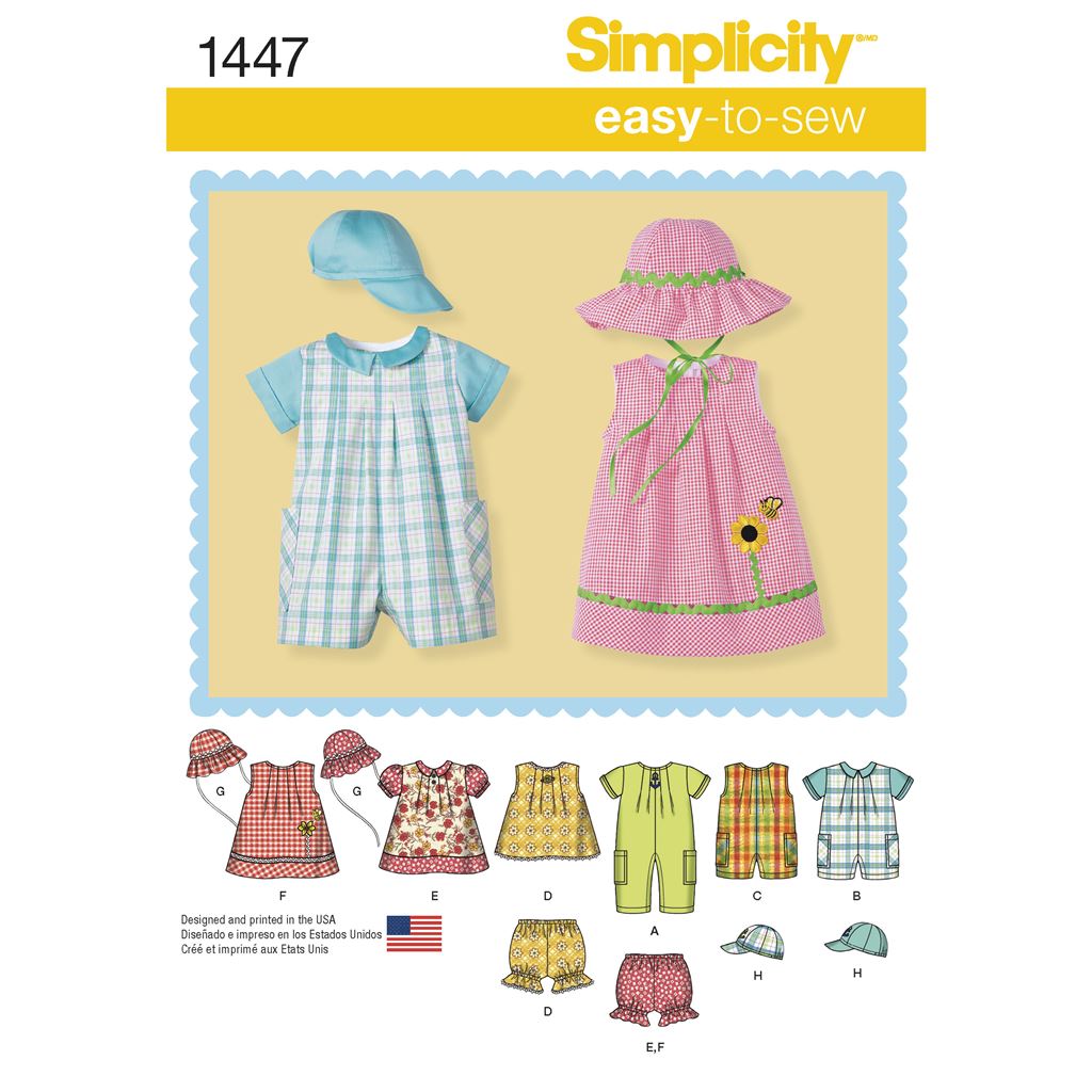 Simplicity Pattern 1447 Babies Romper Dress Top Panties and Hats Image 1 From Patternsandplains.com