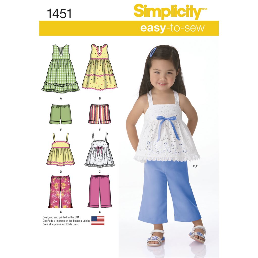 Simplicity Pattern 1451 Toddlers Dresses Top Cropped Trousers and Shorts Image 1 From Patternsandplains.com