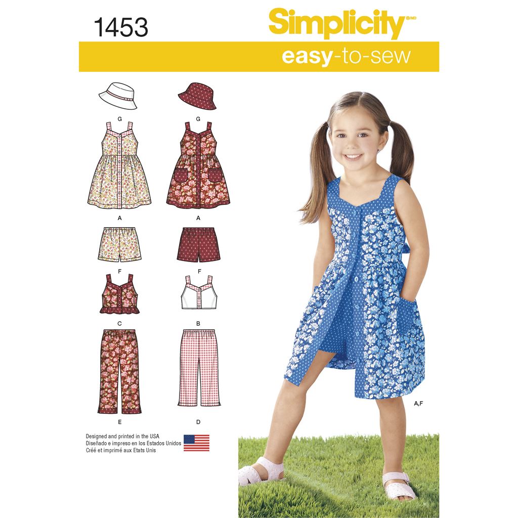 Simplicity Pattern 1453 Childs Dress Top Trousers or Shorts and Hat Image 1 From Patternsandplains.com