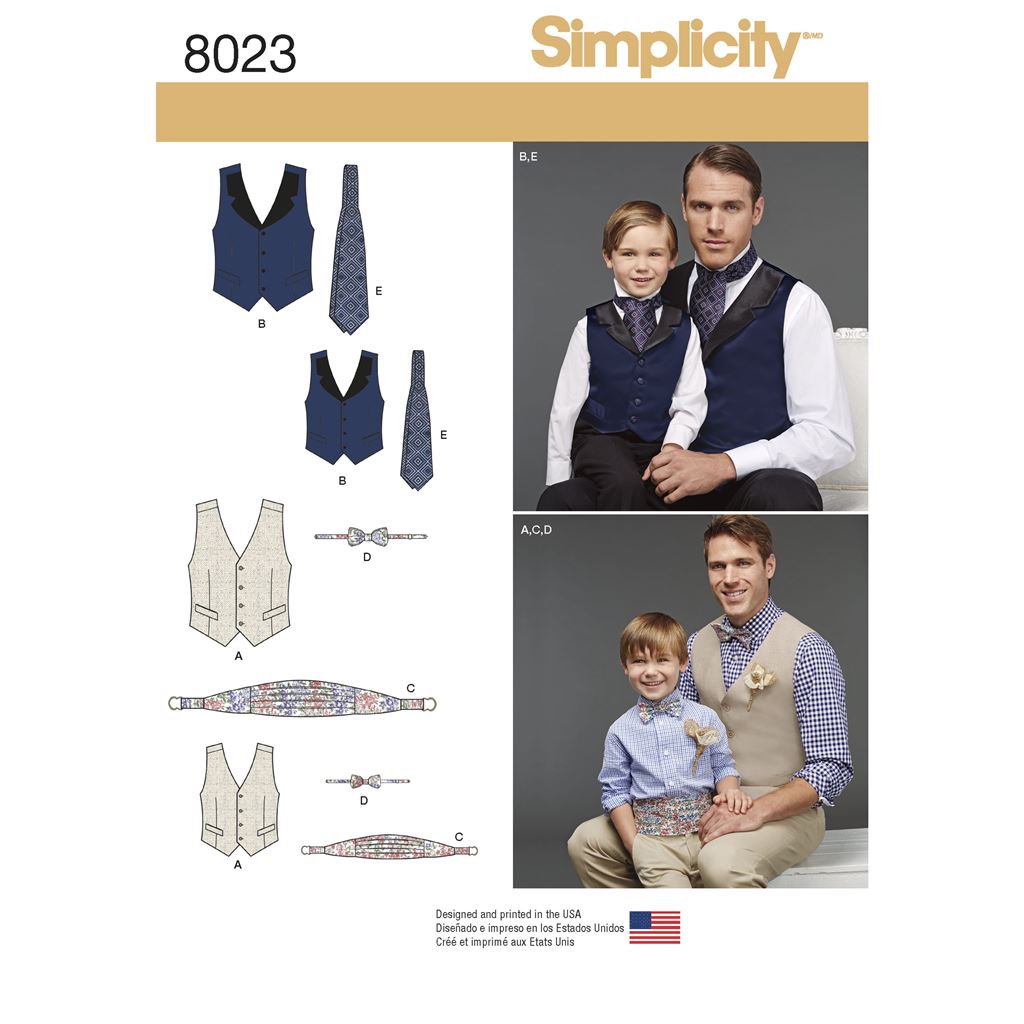 Simplicity Pattern 8023 Boys and Mens Vest Bow tie Cummerbund and Ascot Image 1 From Patternsandplains.com
