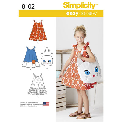 Simplicity Pattern 8102 Childs Easy to Sew Sundress and Kitty Tote Image 1 From Patternsandplains.com