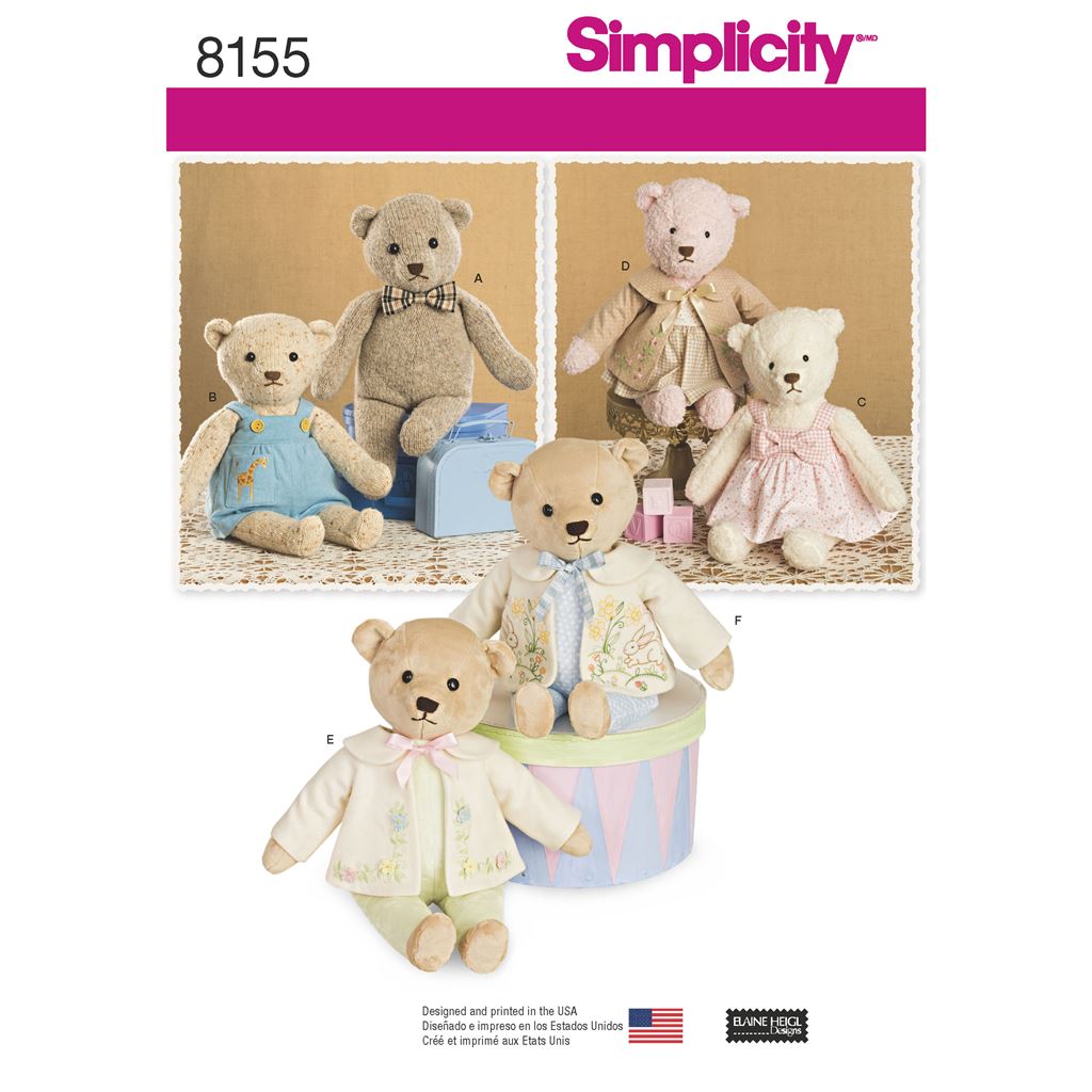 Simplicity Pattern 8155 Stuffed Bears with Clothes Image 1 From Patternsandplains.com