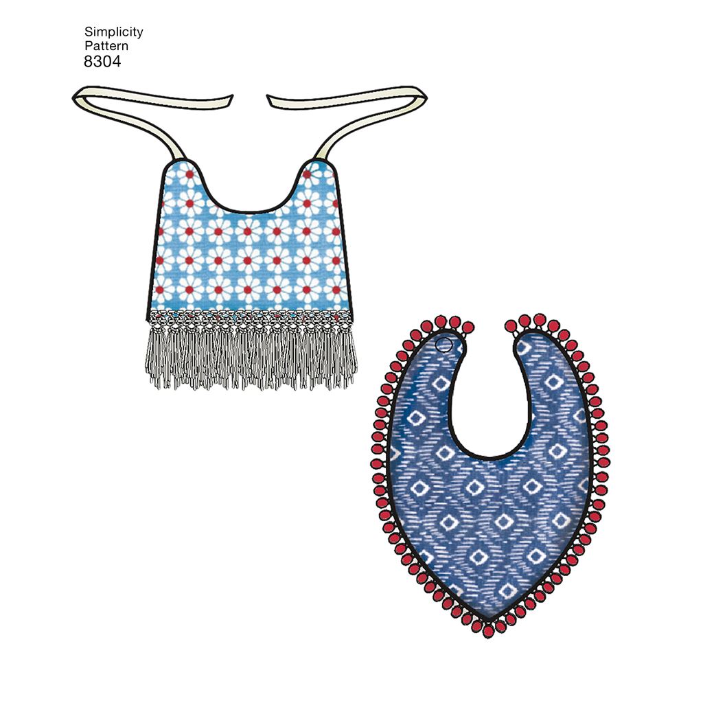 Simplicity Pattern 8304 Babies Leggings Top Dress Bibs and Headband in thress sizes S(17) M(18) L(19) Image 1 From Patternsandplains.com