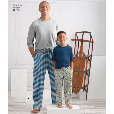 Simplicity Pattern 8519 Boys and Mens Slim Fit Lounge Trousers Image 1 From Patternsandplains.com