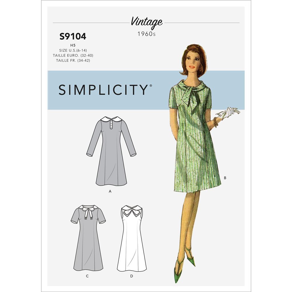 Simplicity Sewing Pattern S9104 Misses Vintage Dresses With Sleeve and Neckline Variation 9104 Image 1 From Patternsandplains.com