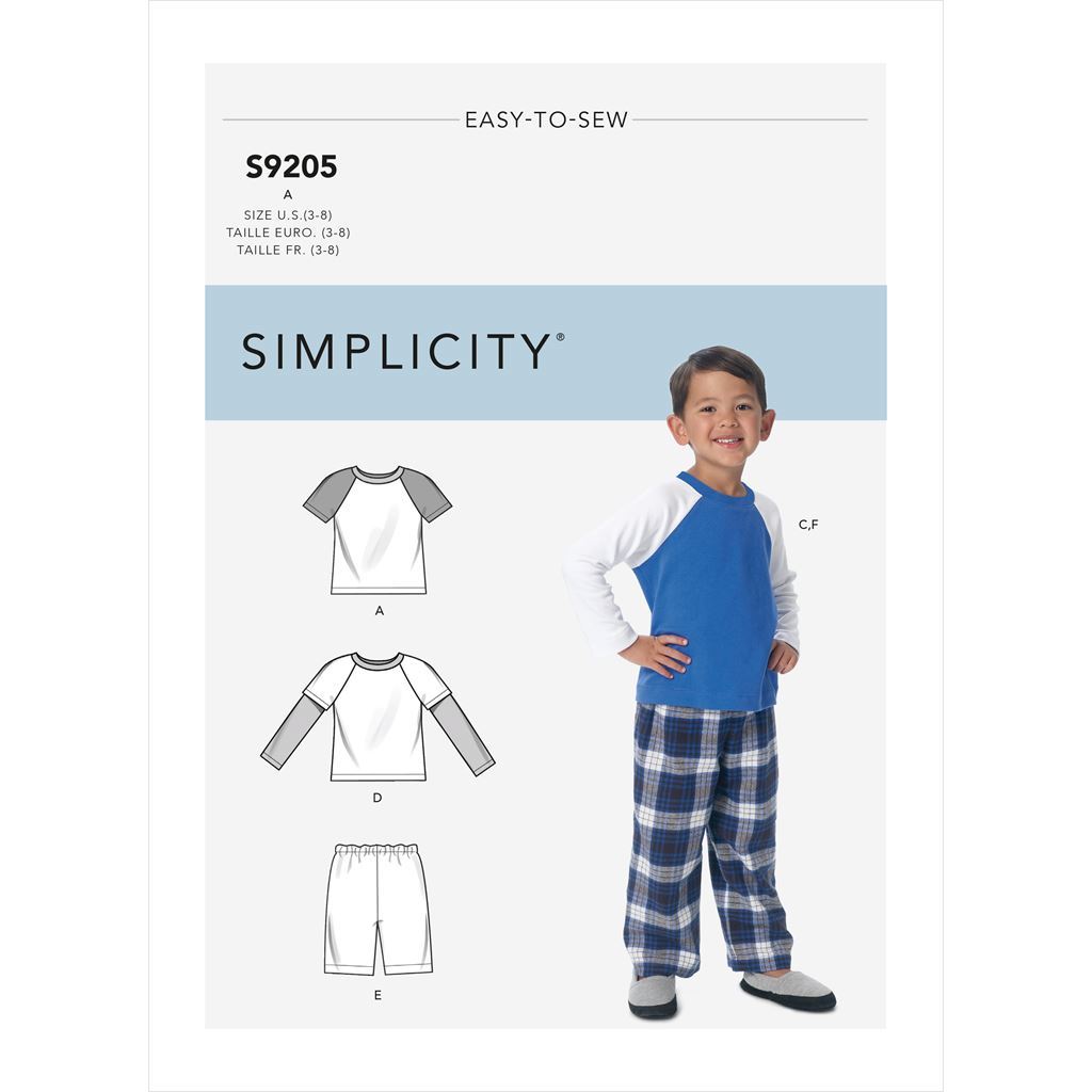Simplicity Sewing Pattern S9205 Childrens Boys Raglan Sleeve Tops Shorts and Pants 9205 Image 1 From Patternsandplains.com