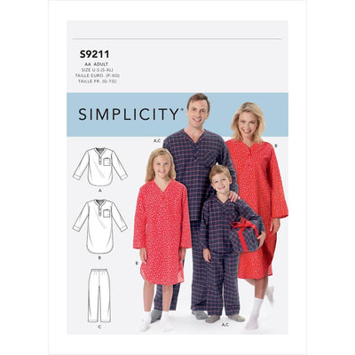 Simplicity Sewing Pattern S9211 Misses Mens Boys Girls Patch Pocket Top Nightshirt and Pants 9211 Image 1 From Patternsandplains.com