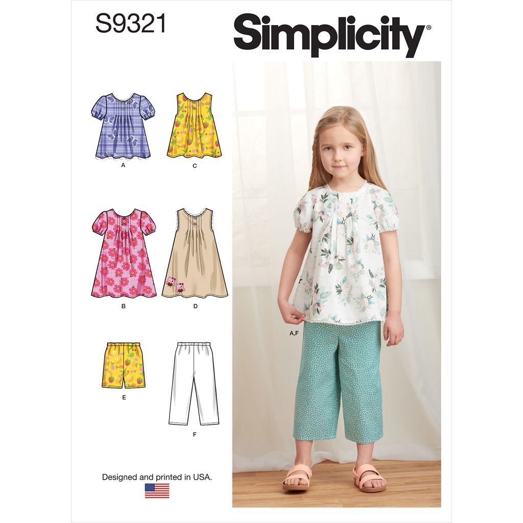 Simplicity Sewing Pattern S9321 Childrens Tucked Tops Dresses Shorts and Pants 9321 Image 1 From Patternsandplains.com