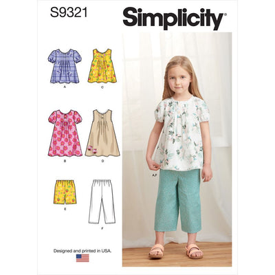 Simplicity Sewing Pattern S9321 Childrens Tucked Tops Dresses Shorts and Pants 9321 Image 1 From Patternsandplains.com