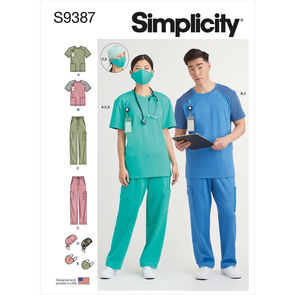 Simplicity Sewing Pattern S9387 Unisex Knit Scrub Tops Pants Cap and Mask 9387 Image 1 From Patternsandplains.com