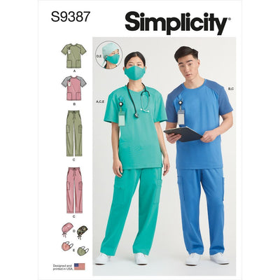 Simplicity Sewing Pattern S9387 Unisex Knit Scrub Tops Pants Cap and Mask 9387 Image 1 From Patternsandplains.com