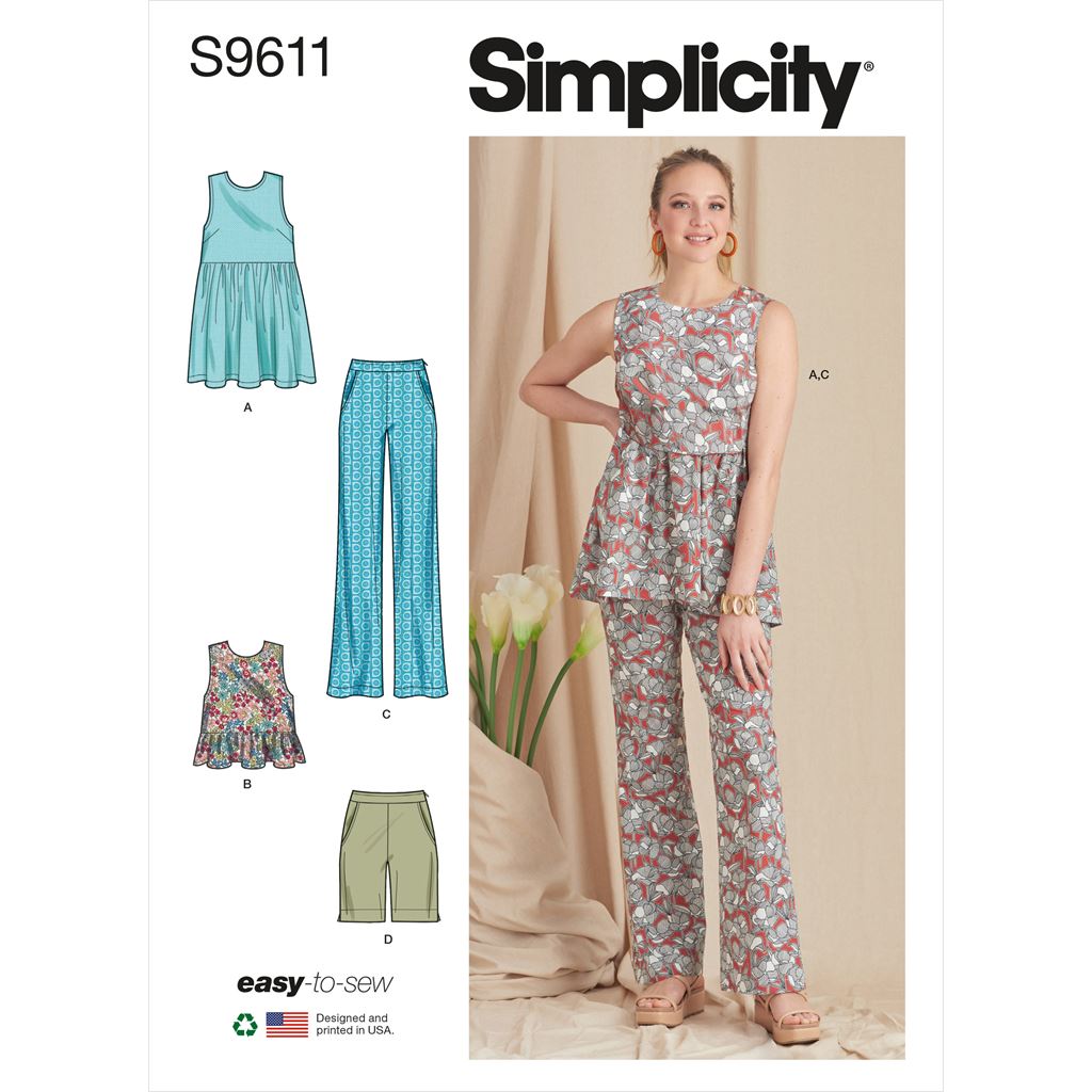 Simplicity Sewing Pattern S9611 Misses Tunic Cropped Top Pants and Shorts 9611 Image 1 From Patternsandplains.com