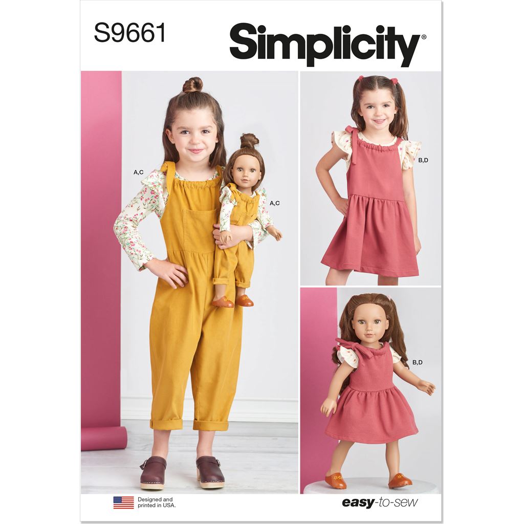 Simplicity Sewing Pattern S9661 Childrens Knit Tops Overalls and Jumper and Doll Clothes for 18 Doll 9661 Image 1 From Patternsandplains.com