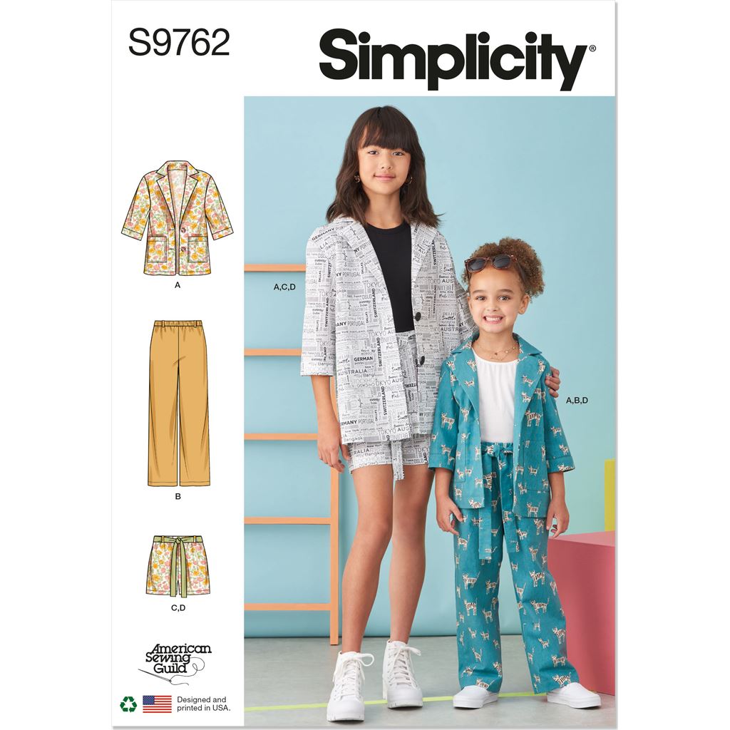 Simplicity Sewing Pattern S9762 Childrens and Girls Jacket Pants and Shorts for American Sewing Guild 9762 Image 1 From Patternsandplains.com