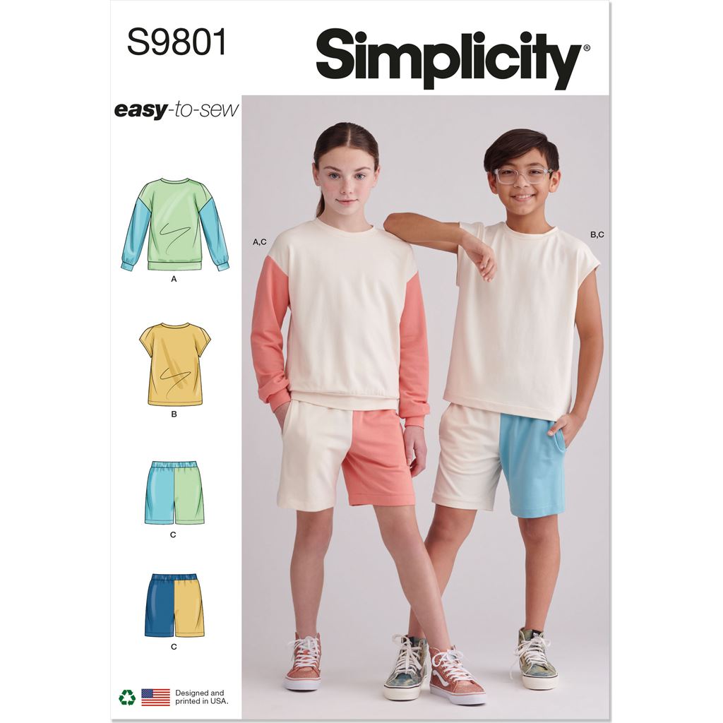 Simplicity Sewing Pattern S9801 Girls and Boys Sweatshirts and Shorts 9801 Image 1 From Patternsandplains.com